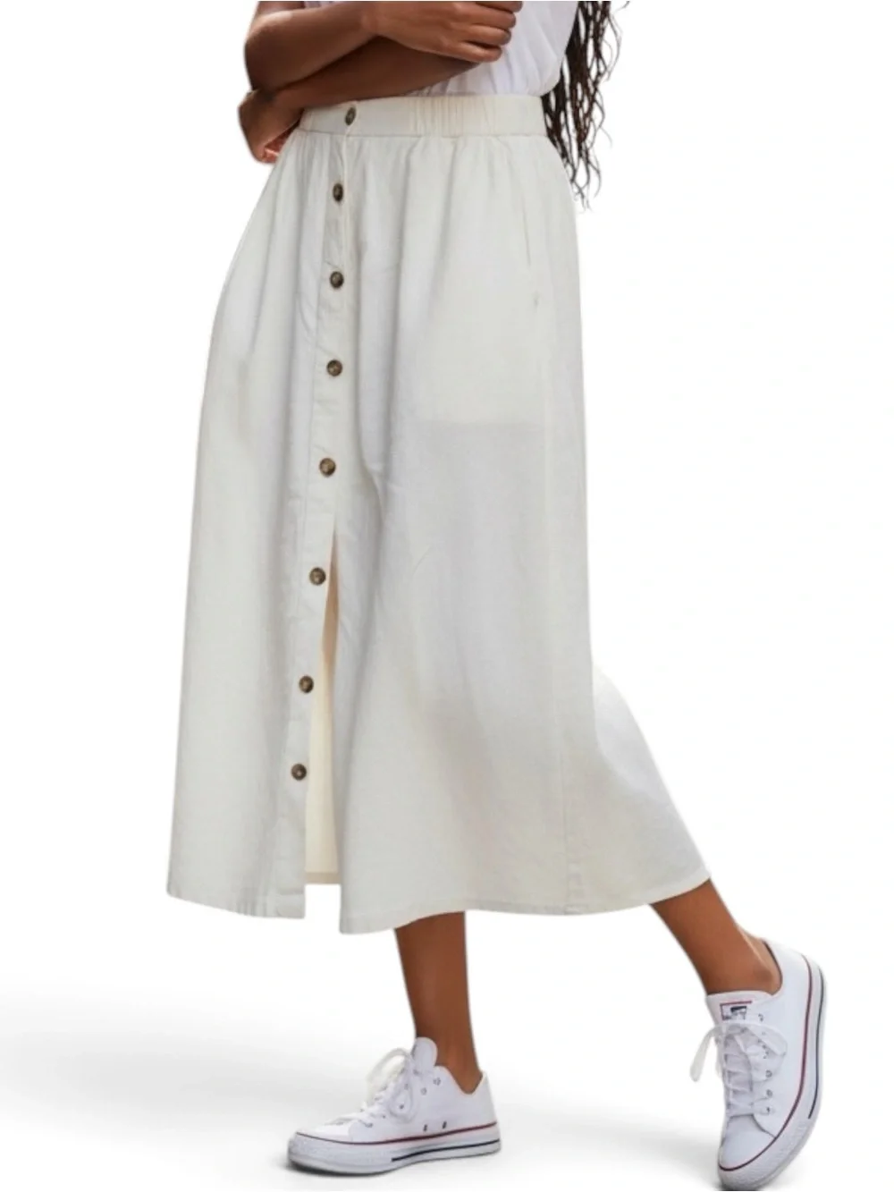 Emily Daniels Button Up Midi Skirt Womens XL White Pockets Linen Blend Lagenlook